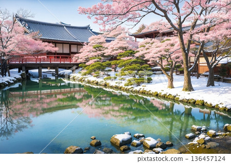 白雪皚皚的花園，盛開的櫻花。 136457124