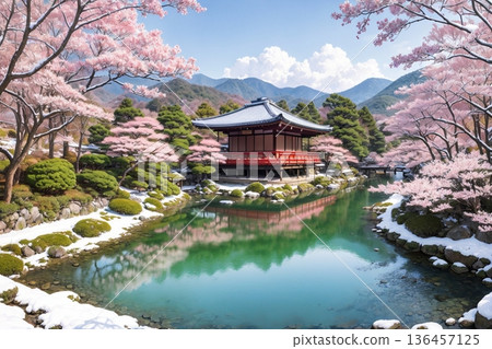日式櫻花與殘雪美景 136457125
