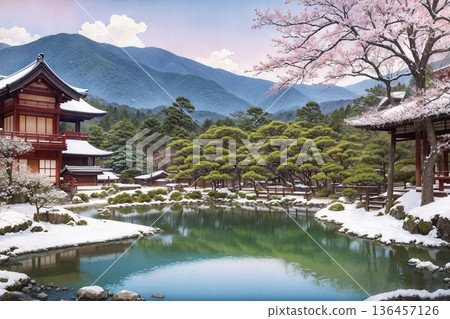 一個夢幻般的雪景櫻花花園 136457126