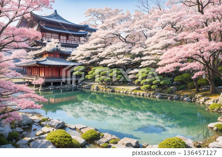 櫻花倒映在池塘與雪景中 136457127