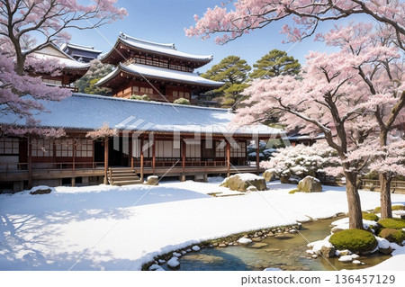 白雪皚皚的日本庭園和櫻花 136457129