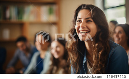 happy young woman with friends in the cafe 136457210