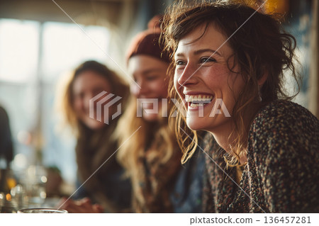 Group of friends laughing at cozy cafe, candid moment Group of friends laughing at cozy cafe, candid moment 136457281