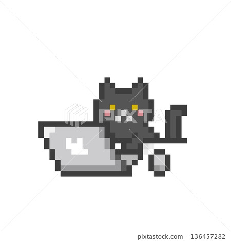 A cat working on a pixelated computer A cat working on a pixelated computer 136457282