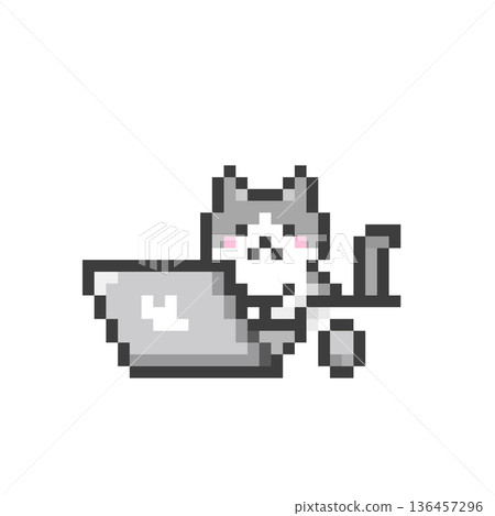 一隻三色貓正在操作一台像素化的電腦 136457296