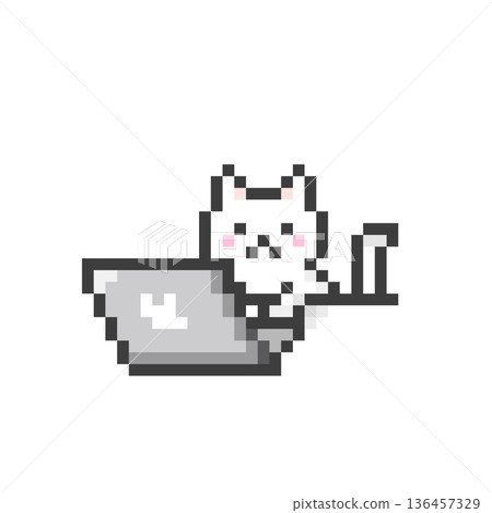 A white cat working on a pixelated computer 136457329