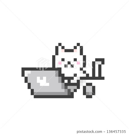 A white cat working on a pixelated computer 136457335