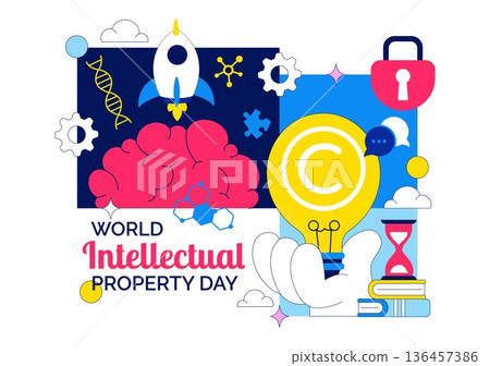 World Intellectual Property Day Vector Illustration on April 26 Featuring Brain and Light Bulb for Innovation, Ideas, and Creativity Background 136457386