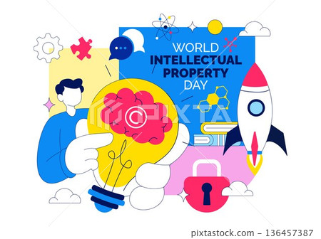 World Intellectual Property Day Vector Illustration on April 26 Featuring Brain and Light Bulb for Innovation, Ideas, and Creativity Background 136457387