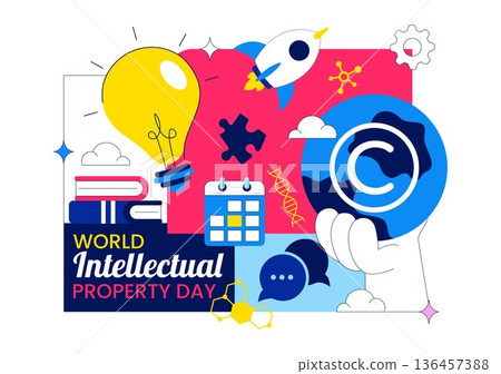 World Intellectual Property Day Vector Illustration on April 26 Featuring Brain and Light Bulb for Innovation, Ideas, and Creativity Background 136457388