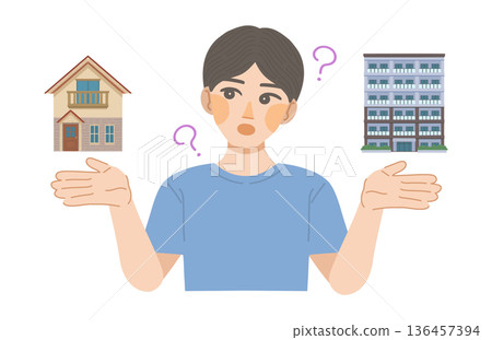 Illustration of a man comparing the difference between a detached house and an apartment building 136457394