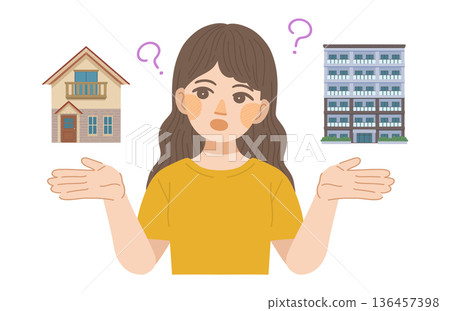 Illustration of a woman comparing the differences between a detached house and an apartment building 136457398
