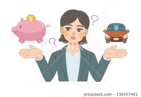 圖解：一位身穿西裝的女士正在思考汽車的價格 136457401