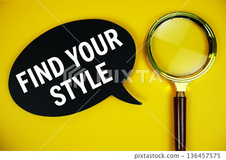Find Your Style text on speech bubble with magnifying glass on yellow background Find Your Style text on speech bubble with magnifying glass on yellow background 136457575