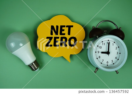 Net Zero text with light bulb and alarm clock on green background Net Zero text with light bulb and alarm clock on green background 136457592