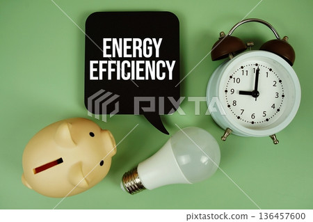 Energy Efficiency text with light bulb and alarm clock on green background 136457600