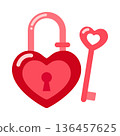 Romantic lock symbol, Minimalist flat art depicting pink heart padlock and matching heart key 136457625