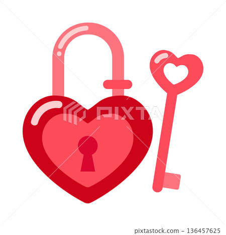Romantic lock symbol, Minimalist flat art depicting pink heart padlock and matching heart key Romantic lock symbol, Minimalist flat art depicting pink heart padlock and matching heart key 136457625