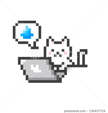 一隻驚慌失措的白貓正在操作一台像素化的電腦。 136457724