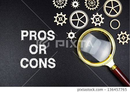 Pros or Cons? text message with magnifying glass on black background Pros or Cons? text message with magnifying glass on black background 136457765