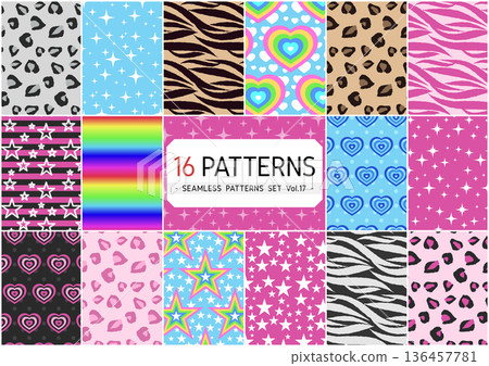 Set of 16 seamless patterns: 2000s retro Y2K zebra, heart, and star pop background material 136457781