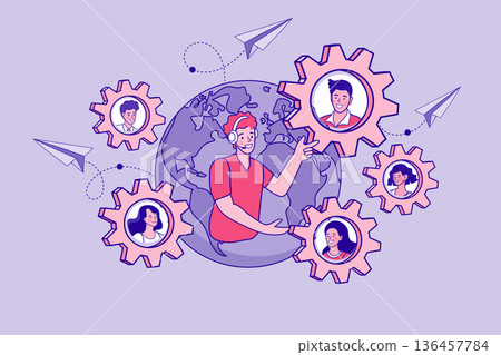 Global customer support and remote team network concept with an agent using a headset. Creative vector illustration of international business collaboration, call center, and outsourcing services. 136457784