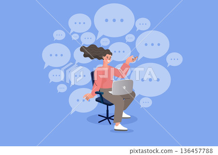 Social Media Engagement and Online Communication Concept with Woman and Laptop. Professional vector for community management, customer feedback, and digital marketing conversation hub. Social Media Engagement and Online Communication Concept with Woman and Laptop. Professional vector for community management, customer feedback, and digital marketing conversation hub. 136457788