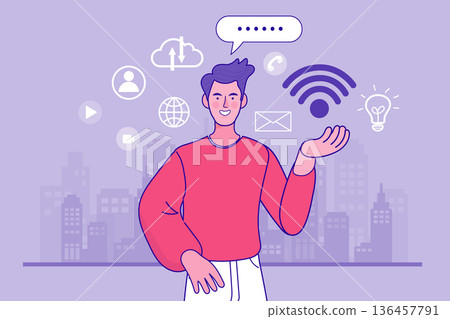 Wireless internet connection and smart city concept with a man presenting a network symbol. Creative vector illustration of digital technology, global connectivity, and modern lifestyle icons. 136457791