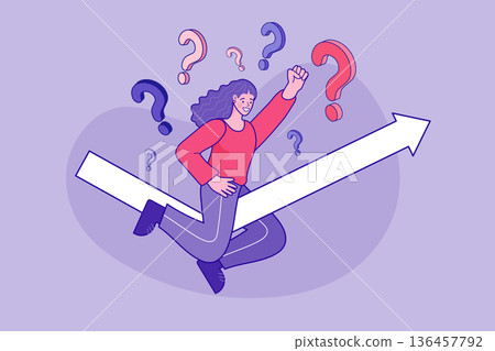 Overcoming uncertainty and business growth concept with a woman riding a rising arrow. Creative vector illustration of finding answers, problem solving success, and strategic leadership icons. Overcoming uncertainty and business growth concept with a woman riding a rising arrow. Creative vector illustration of finding answers, problem solving success, and strategic leadership icons. 136457792