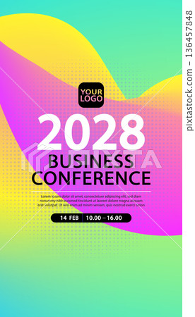 Business conference poster template with colorful liquid wave background. Ideal for corporate event announcements, marketing seminars, and social media stories. 136457848