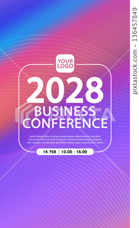 Business conference poster featuring intricate digital line art and fluid mesh patterns. This vertical background template uses a vibrant purple gradient for professional event announcements. 136457849