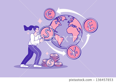 Global money transfer and currency exchange concept featuring a woman managing international financial transactions. Creative vector illustration of worldwide economy flow and investment market. 136457853
