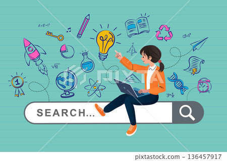 Digital knowledge search concept. A woman sitting on a search bar, symbolizing the quest for information and innovative thinking with educational icons. 136457917