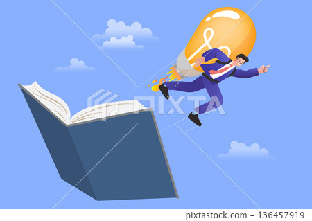 Achieve a career boost and business breakthrough through this creative concept of intellectual growth. It features a professional soaring from a book, symbolizing success from Achieve a career boost and business breakthrough through this creative concept of intellectual growth. It features a professional soaring from a book, symbolizing success from 136457919