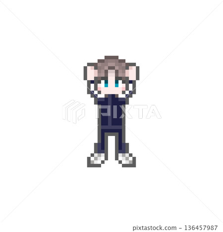 身穿長袖運動衫的男學生以像素藝術風格歡呼。 身穿長袖運動衫的男學生以像素藝術風格歡呼。 136457987