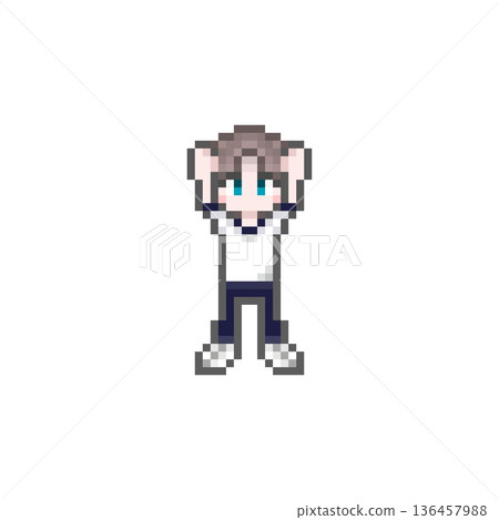 A male student in a jersey cheering in a pixel art style 136457988