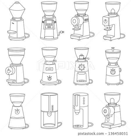 A comprehensive set of 12 electric coffee grinder illustrations in a clean black and white line art style. This collection features various designs, from professional espresso grinders to home brewing 136458031