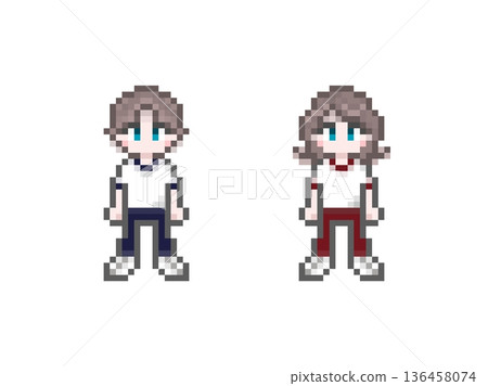 身穿短袖運動衫的男女學生像素畫 身穿短袖運動衫的男女學生像素畫 136458074