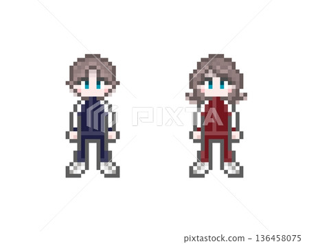 像素畫,描繪了身穿長袖運動衫的男女學生 像素畫,描繪了身穿長袖運動衫的男女學生 136458075
