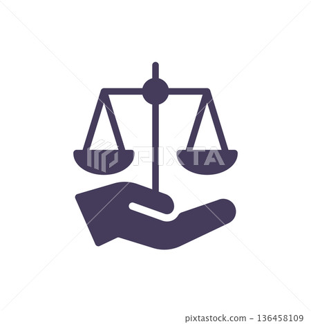 Solid justice scale in hand icon represents fairness law equality and legal justice system balancing rights and European court symbol Solid justice scale in hand icon represents fairness law equality and legal justice system balancing rights and European court symbol 136458109