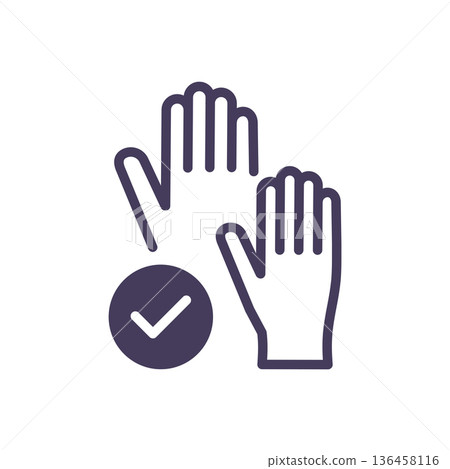 Solid raised hands with check mark icon represents EU voters participation approval and democratic voting gesture 136458116