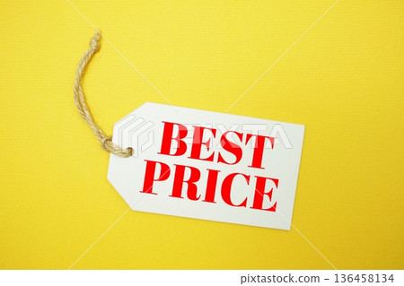 Price tag with "Best Price" is placed on yellow background 136458134