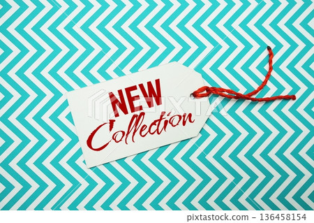 Price tag with "New Collection" is placed on a colorful zigzag patterned background 136458154