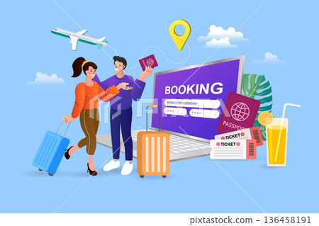 Online travel booking concept with happy couple and laptop. Travelers with luggage and passports planning a vacation. Flat vector illustration for flight tickets and holiday reservations. 136458191