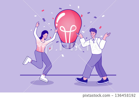 Creative team celebrating innovation success with giant light bulb. Flat vector illustration for business brainstorming, startup launch, and team motivation poster with copy space. 136458192