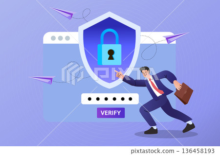 Cyber security and data protection concept with businessman. Professional man verifying secure login with shield and padlock. Flat vector illustration for internet safety and data privacy. 136458193