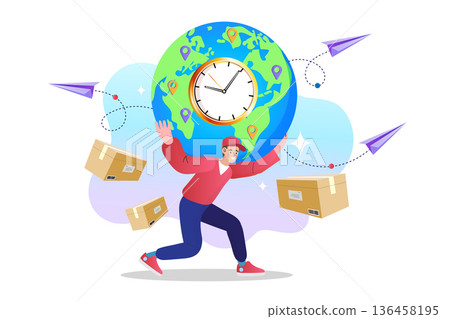 Global logistics and fast delivery service concept. Delivery man carrying globe and clock for worldwide shipping, time management and international courier services. 136458195