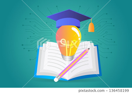 AI in education and creative learning concept. Glowing light bulb with graduation cap on book and pencil over digital circuit lines. Symbolizes machine learning and future classroom technology. AI in education and creative learning concept. Glowing light bulb with graduation cap on book and pencil over digital circuit lines. Symbolizes machine learning and future classroom technology. 136458199