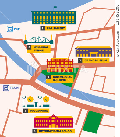 Building icons on city map infographic. 136458200