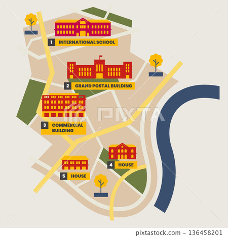 Building icons on urban map with road and street infographic Design Template. 136458201